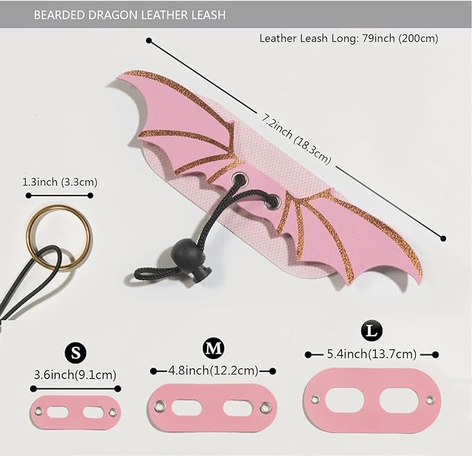 Bearded Dragon Leash and Harness Set, Beardie Carrier, Lizard Adjustable Harness with Leather Wings and Sling Bag, Reptile Small Pet Backpack Batwing Accessories (Pink)