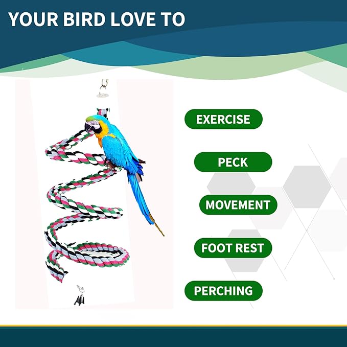 94.4inch Length Colorful Cotton Bendable Rope Perch Swing Bird Chew Toys Amazon Parrots Cage Toys with Bell Swing Climbing Standing Bungee Bird Toys for Regular to Big Size Birds