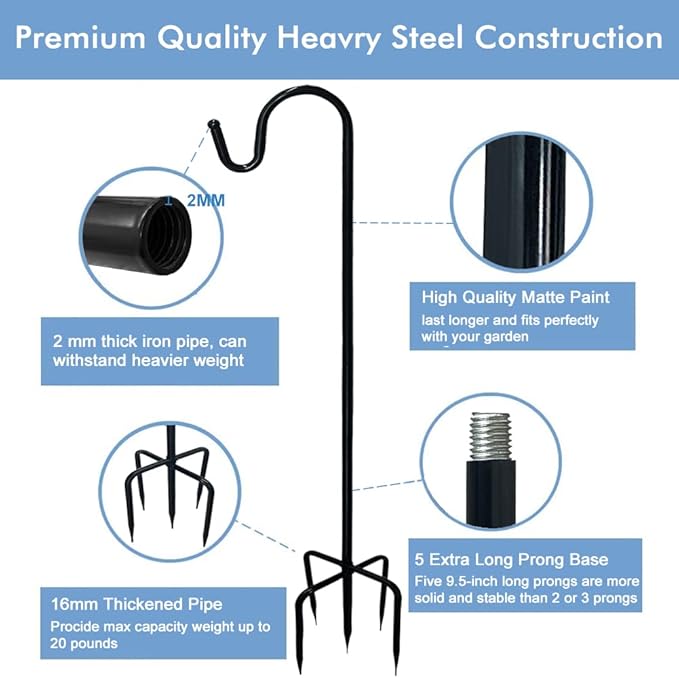 Adjustable Shepherds Hook with 5 Prong Base,94.5 Inch Tall Heavy Duty Hanging Stakes for Plant Bird Feeder Solar Light Plant Hanger for Outdoor Garden Wedding Decor,Matte Black(2 Packs)