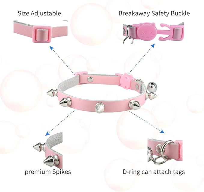 Spiked Cat Collar with Bells, Breakaway Genuine Leather Protective Collar for Kitty, Studs Spikes Punk Style Adjustable for Girl Boy Kittens Small Bunny Rabbit, 8"-9.5" Pink