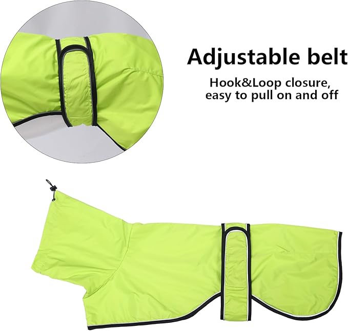 Dog Raincoat with Reflective Bar, Rain/Water Resistant, Adjustable Vest - Dog Raincoats for Greyhounds, Lurchers and Whippets - Light Green - L