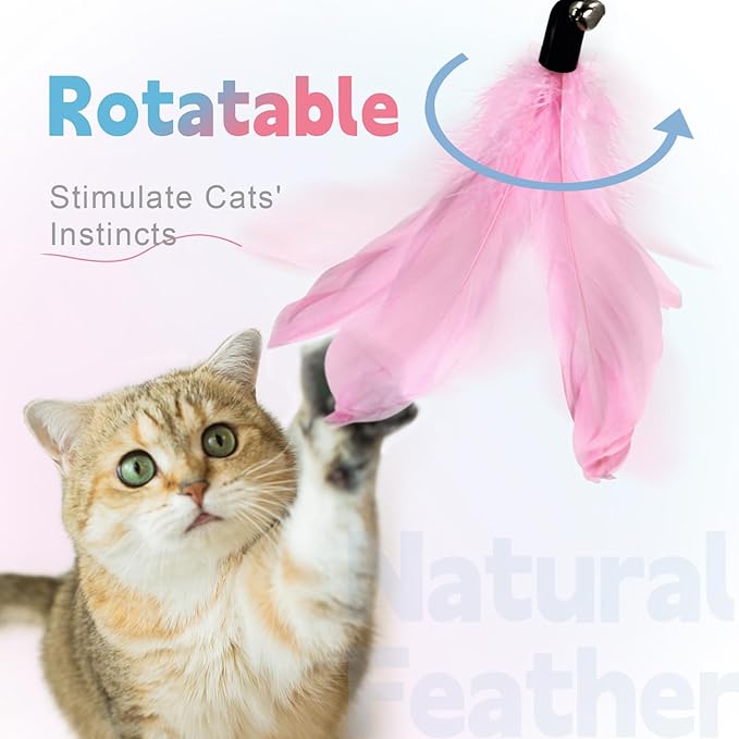 SONGWAY Cat Wand Toys for Indoor Cats - Cat Toy Set with Retractable Teaser Wand and 6 PCS Fairy Feather Toy Refills, Butterfly Tassel Plush Cat Toys Interactive, Pink