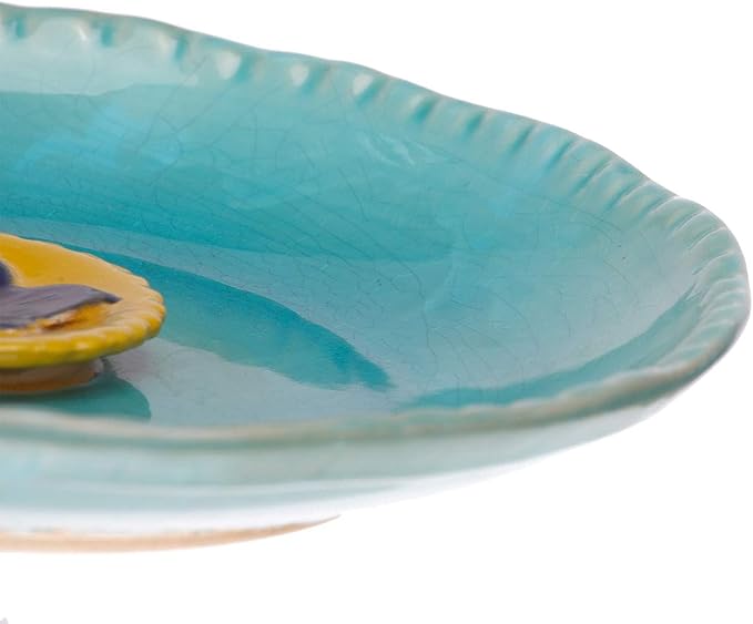 Ceramic Bird Bath for Outside, Bird Bath Bowl with Vintage Decoration for Garden & Patio, Ground, Deck, Balcony Yard Lawn Decor Blue Bird Drinker Plate - Yellow Flower, 12.25"