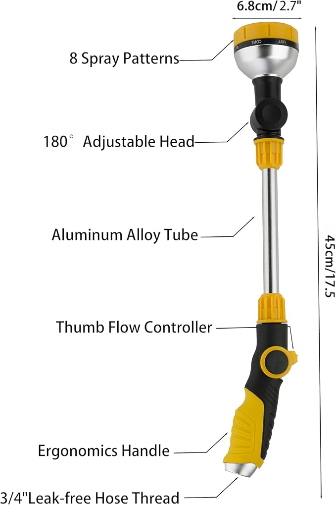 17.5" Gardening Watering Wand | 8 Spray Patterns & Thumb-Controlled Switch | 180° Rotating Long Nozzle| for Plants, Hanging Baskets and Shrubs, Pet Bathing, Wall Washing (yellow)