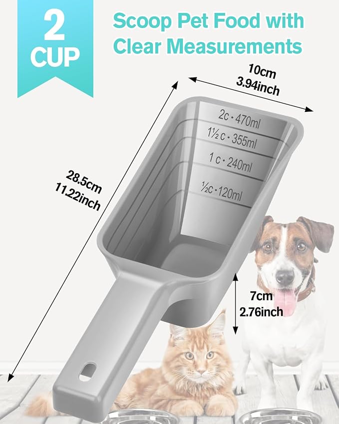 2 Cup Dog Food Scoop(2 Pack), Plastic Pet Food Scoop with Measuring Lines for Accurate Pet Food Portions,Dishwasher Safe (Blue and Grey)