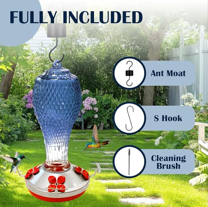 Hummingbird Feeder for Outdoors,17 OZ Glass Humming Bird Feeder for Garden Decor,Four Flowers Feeding Ports,Leak Proof,Ant Moat Included,Humming Gifts for Mom/Women