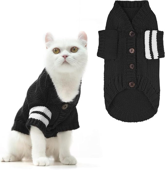 EXPAWLORER Cat Sweater Cardigan - Stylish Knitted Cat Clothes, British Style Soft Puppy Sweater with Sleeve Warm Pet Clothing Knitwear, Fall and Winter Kitten Coat for Girl Boy Cats, Black Medium