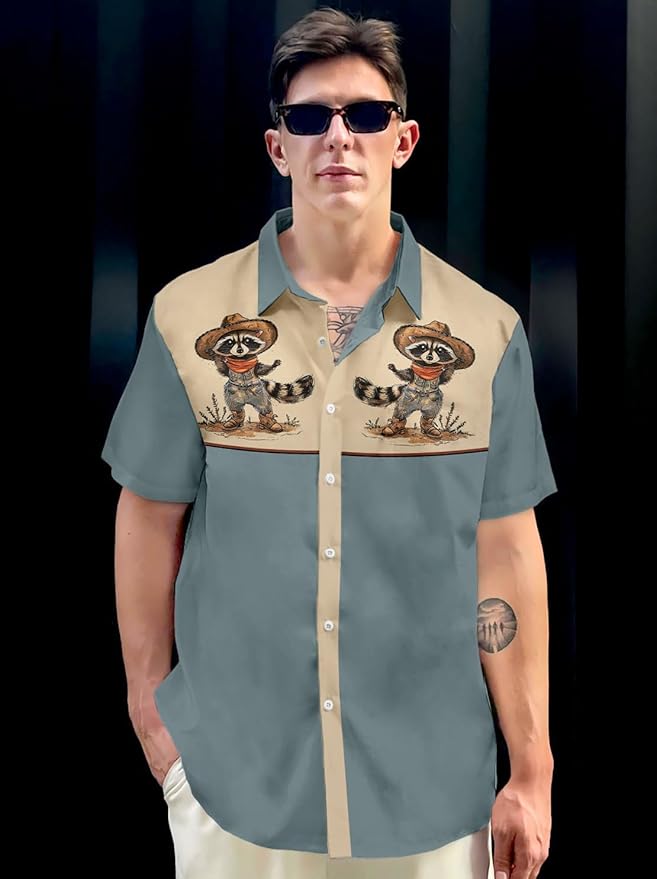 Men’s Hawaiian Shirt Western Cowboy Symmetrical Print Short Sleeve Button Down Casual Beach Holiday Summer Shirt