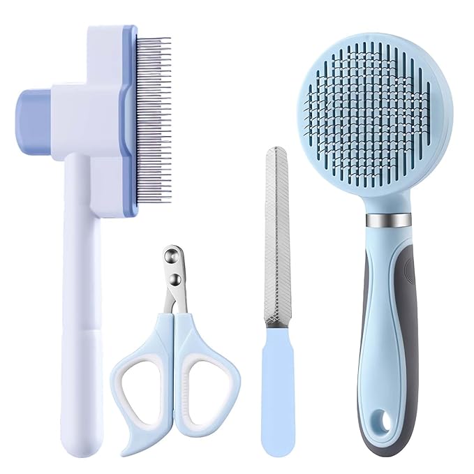Cat Grooming Kit, 4-in-1 Cat Grooming Tools with Cats Brush, Flea Comb, Nail Clipper & Trimmer - Deshedding & Dematting for Pets Hair and Paws, Pet Shedding Set for Indoor Dogs & Cats (Blue)