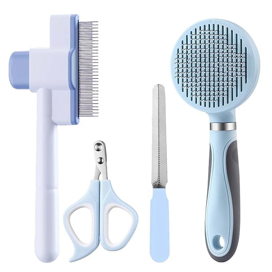 Cat Grooming Kit, 4-in-1 Cat Grooming Tools with Cats Brush, Flea Comb, Nail Clipper & Trimmer - Deshedding & Dematting for Pets Hair and Paws, Pet Shedding Set for Indoor Dogs & Cats (Blue)
