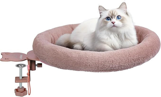 Rotating Cat Desk Bed - 40 LBS Chair-Side Cat Sleeping Basket with Bed for Desk, 360° Swivel & Removable Washable Cushion for Office Comfort(Brown