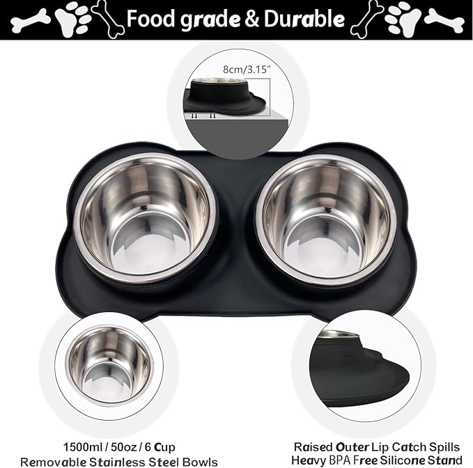 AsFrost Dog Food Bowls Stainless Steel Dog Bowls, Dog Food and Water Bowl Set with No Spill Non-Skid Silicone Mat, Dog Dishes for Small Medium Large Sized Dogs Pet Cat Food Bowls, 6 Cup, Black