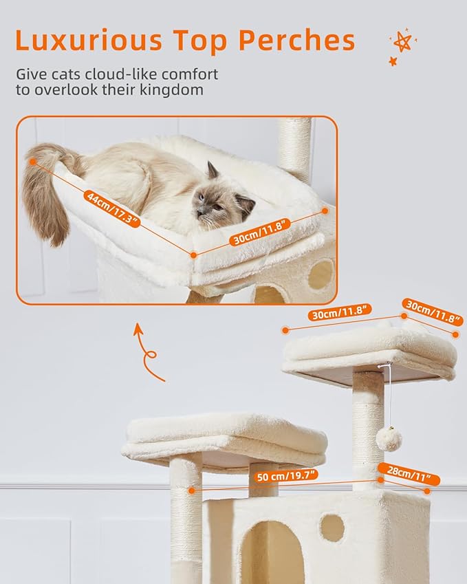 Taoqimiao Cat Tree 57.5-Inch, Cat Tower for Indoor Cats Large Adult, Extra Large Cat Condo, 8 Sisal Scratching Posts, Metal Frame Cozy Hammock, Durable Scratch Board, 2 Top Perches, Beige MS026M