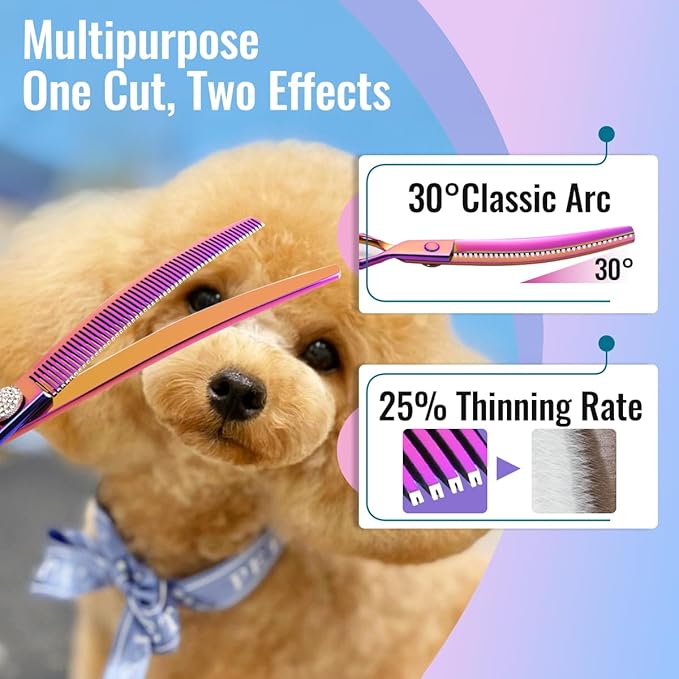 Professional Curved Thinning Shears Dog Grooming Scissors 7.5'' Rainbow Curved Thinner Scissors for Grooming Large Dogs Pet 56 Teeth Japan 440C(Curved Thinner,Rose Red)