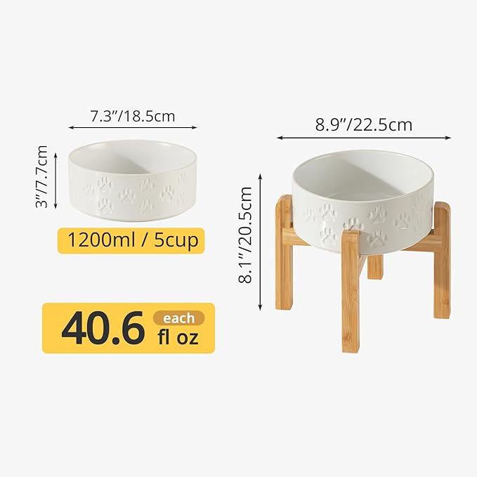 Elevated Ceramic Dog Bowls 2 Pack, 7.3“ Individual Dog Bowl Stand for Medium Dogs, 8.1" Tall Non-Slip Bamboo Stand, Microwave Safe (Double Bowls + Double Stands - White, 7.3 inch)