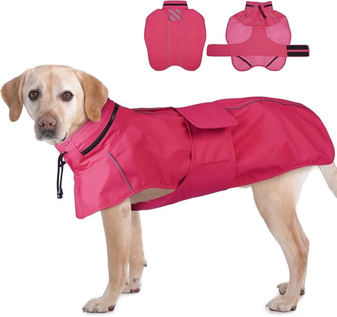 Dog Raincoat Waterproof , Reflective Adjustable Rain Jacket with Leash Hole, Convertible Hood/Collar Rain Coat for Dogs Poncho Breathable Lightweight (Neon Pink, XL)