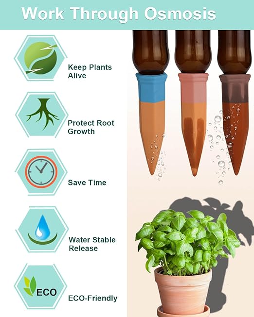 vensovo 10pcs Terracotta Watering Spikes - Colorful Automatic Self Watering Stakes, Plant Watering Devices for Wine Bottles Recycled Bottles, Clay Plant Garden Waterers for Vacations
