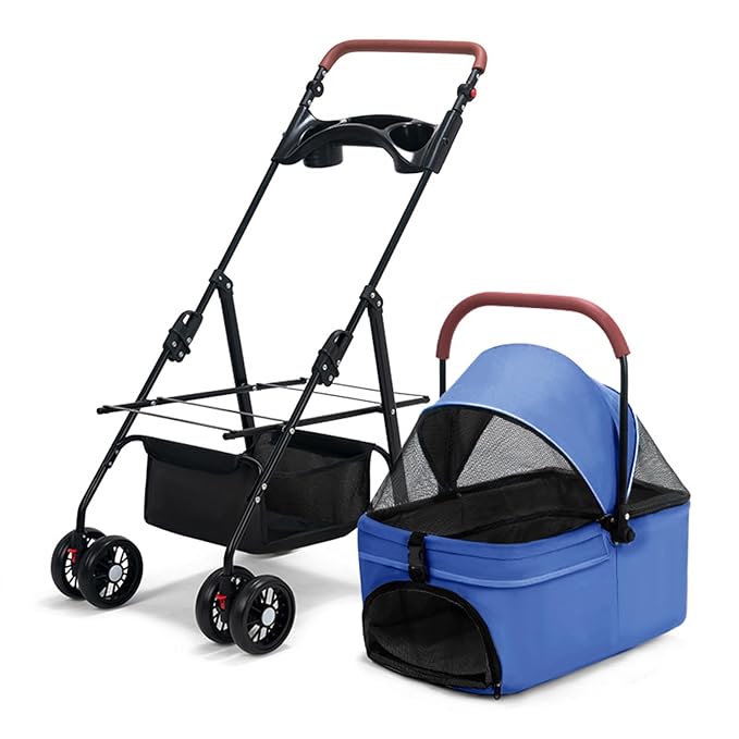 Pet Stroller Pram Dog Carrier Trailer 4 Wheels Foldable Dog with Storage Basket,Holds up to 44 lbs,Adjustable Handle,Folding Travel Stroller Suitable for Traveling with Cats and Dogs (Blue)