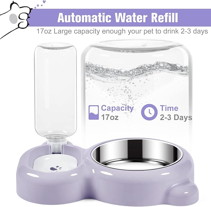 Dog Bowls, Cat Food and Water Bowl Set with Water Dispenser and Stainless Steel Bowl for Cats and Small Dogs - Purple