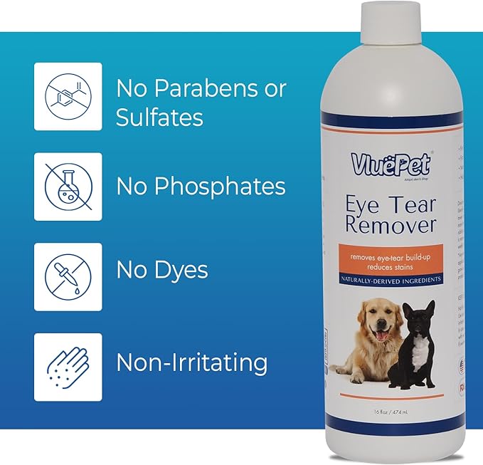 | Eye Tear Remover - Eye Wash Drops & Tear Stain Remover for Cat and Dog - Gentle, Safe & Non-Irritating Formula for All Breeds - Vet Formulated, Prevents Infections - All Natural – 16 floz
