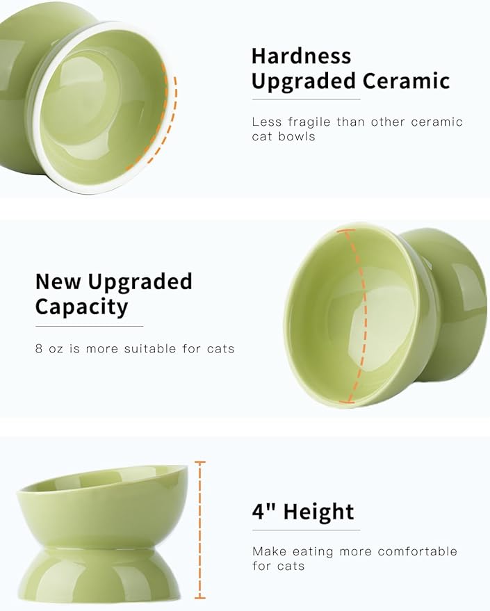 Cat Water Bowl, 16 OZ Ceramic Elevated Cat Bowls, 15° Tilted and Raised Pet Food Dish, Anti Vomiting Protect Pets' Spines and Whisker Fatigue