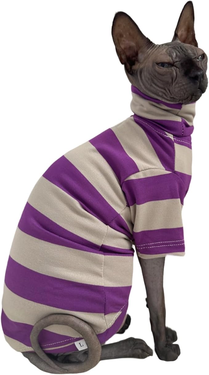 Vintage Stripes Sphynx Hairless Cats Shirt Cotton Cat Turtleneck Pet Clothes Kitten T-Shirts with Sleeves for Sphynx Cats (Wide Purple Grey Stripe, Medium)
