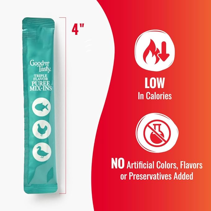 Good 'n' Tasty Triple Flavor Puree Mix-Ins Dog Food Topper Treats for All Dogs, 28 Count, Easy Single-Serve Portions, Added Protein with Tuna, Chicken and Duck