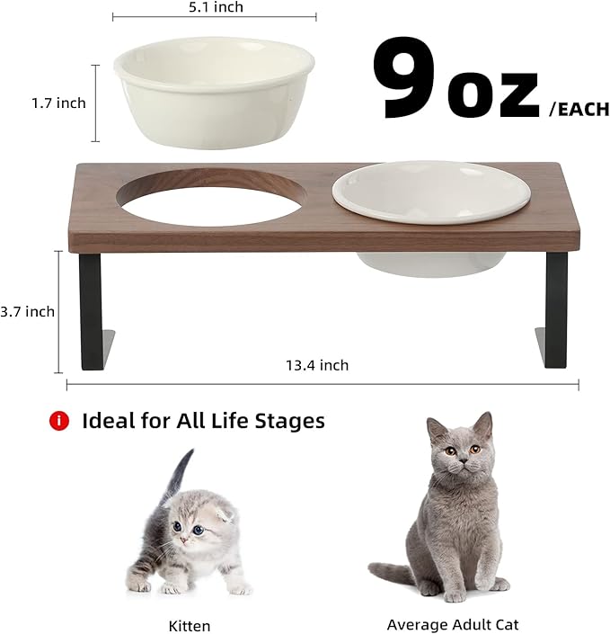 FUKUMARU Elevated Cat Ceramic Bowls, Small Dog 15° Tilted Raised Food Feeding Dishes, Solid Walnut Water Stand Feeder Set for Cats and Puppy