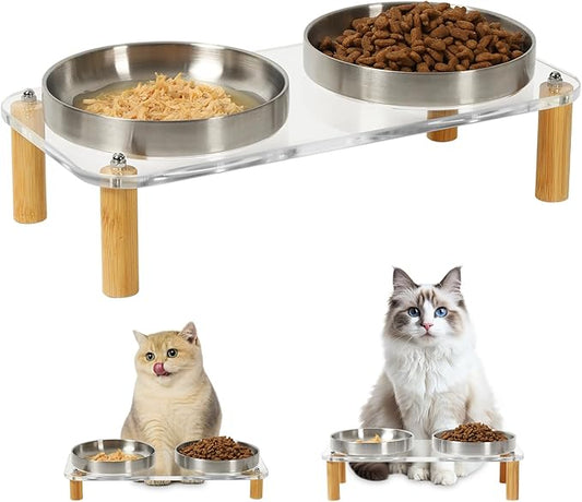 Elevated Cat Bowls for Indoor Cats – Clear Acrylic Cat Food Table with 2 Stainless Steel Dishes, Adjustable Height (4.05"/2.87"), Raised Feeding Station for Easy Digestion
