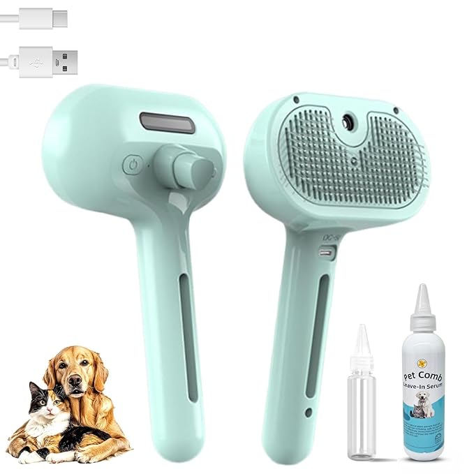 3 in 1 Cat Steam Brush - Self Cleaning Pet Steam Brush for Cat & Dog - Cat Brushes for Shedding with Quiet Motor - Elimination Flying Hair - Keep Your Clothes & Home Clean, Green