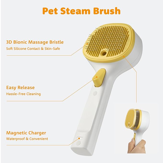 FURGO 3-in-1 Pet Steam Brush for Dogs & Cats – Reduces Static, Replaceable Heads, One-Touch Hair Ejection, Dog Spray Brush for Shedding Control(Long&Short)