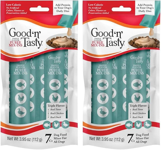 Good 'n' Tasty Triple Flavor Puree Mix-Ins Dog Food Topper Treats for All Dogs, 7 Count, Easy Single-Serve Portions, Added Protein with Tuna, Chicken and Duck (Pack of 2)