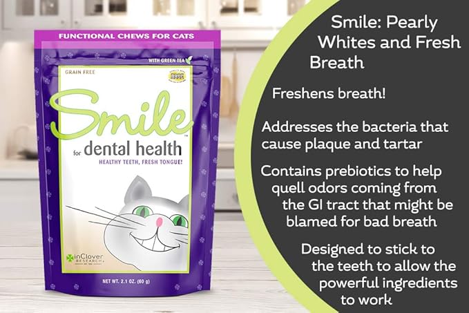 Smile Daily Dental Health Soft Chews for Cats, Support Healthy Teeth and Fresh Tongue with Catnip and Green Tea, Prebiotics, and Chlorophyll for Fresh Breath