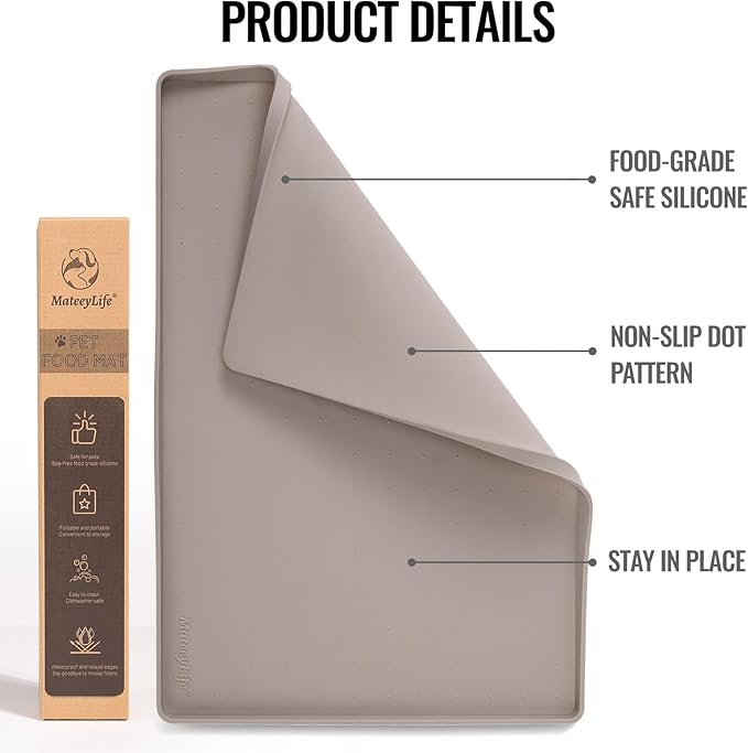 MateeyLife Dog & Cat Food Water Mat for Floors Waterproof, Nonslip Pets Bowl Feeding Mats with Raised Edges, Silicone Matt Tray for Messy Drinkers, 24"x16", Taupe