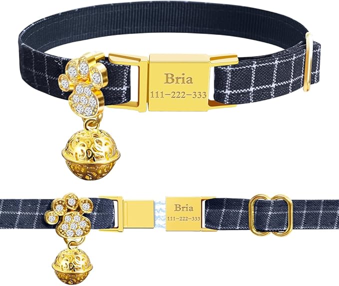Personalized Breakaway Cat Collars - Magnetic Buckle, Bell - Safety Quick Release, Customized for Girls & Boys Cats- (Checkered-Navy)