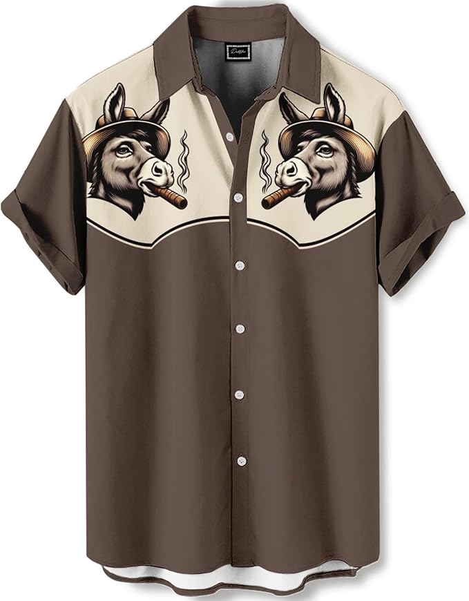 Men’s Hawaiian Shirt Western Cowboy Symmetrical Print Short Sleeve Button Down Casual Beach Holiday Summer Shirt