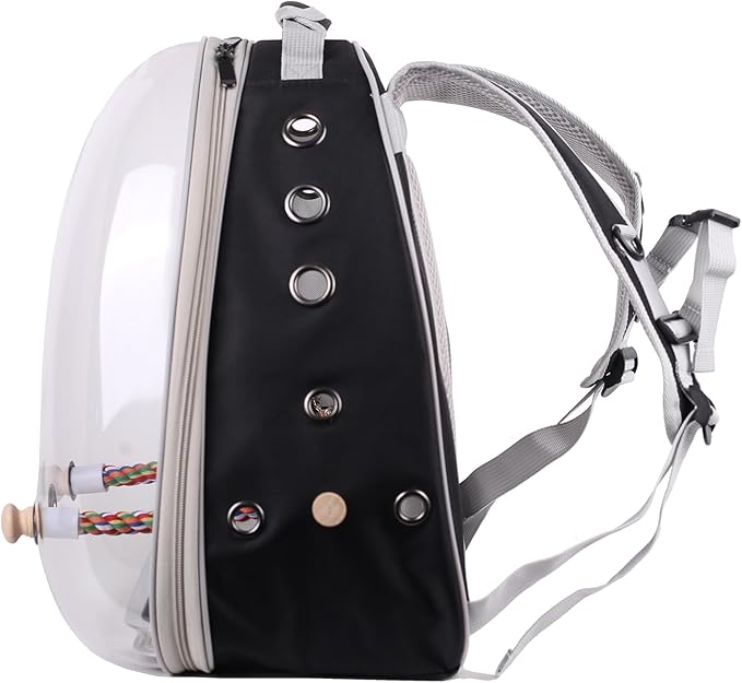 Bird Traval Carrier Cage, Multi Vent Holes Clear Space Capsule Astronaut Backpack to Carry Parakeet Cockatiel Parrot with Metal Tray Wood Perch, Vet Transport Book Bag