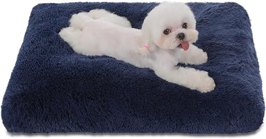 Bedfolks Waterproof Dog Crate Pad, Plush Dog Kennel Bed with Removable Cover, Faux Fur, Washable, 23"x18", Dark Blue