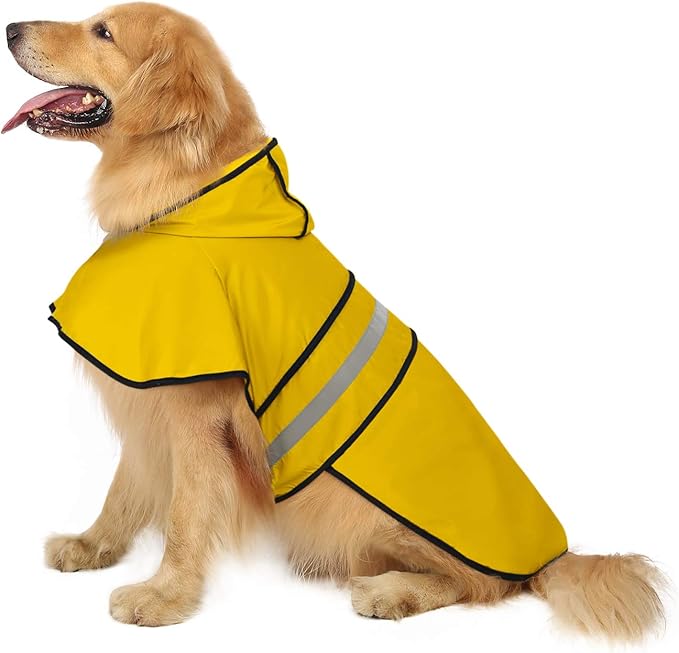 HDE Dog Raincoat Jacket Reflective Adjustable Hooded Pet Poncho Rain Coat with Leash Hole for Small to X-Large Dogs Yellow - L