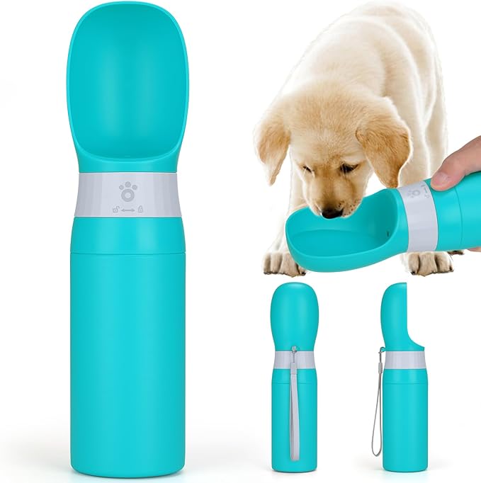 Portable Dog Water Bottle, Stainless Steel 14 OZ Leak Proof Puppy Water Dispenser with Drinking Feeder for Pets Travel, Walking, Hiking and Outdoor Activities
