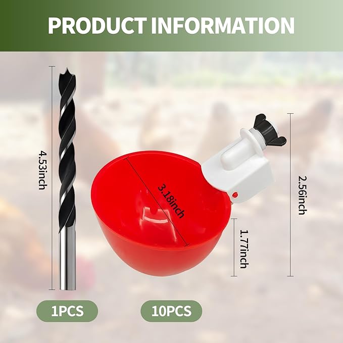 10PCS Chicken Waterer Cups, Red Automatic Poultry Watering Cups, Tee Fittings Poultry Waterer with Mounting Hole Opener,Ideal for Chicken Coop, Ducks, and Backyard Poultry