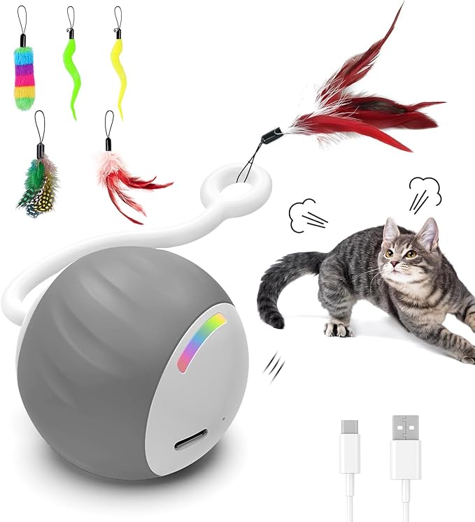 Cat Toys Interactive for Indoor Cats, Touch & Sound Smart Control - Fast slow 2 Speed Motion Activated Cat Ball Toy for Bored Cats With LED Lights, Feathers Tail, USB Charging Cable, 6in1 - Gray
