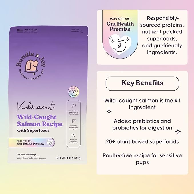 Bundle x Joy Vibrant Probiotic Dog Food Dry, Salmon, 18lb Bag, Allergy and Gut-Friendly Adult Kibble for Digestive Health with Wild-Caught Salmon, 20 Plant Based Superfoods, Grain x Poultry Free