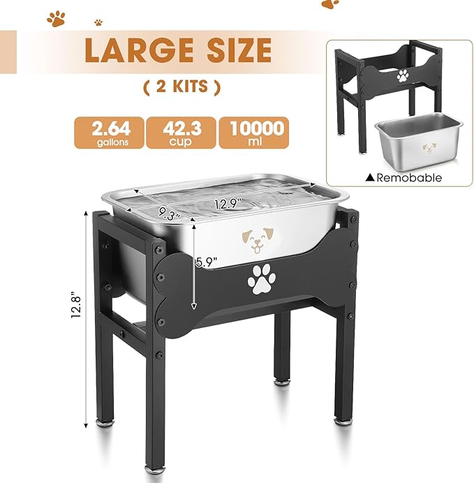 Honeydak 2 Sets Metal Elevated Dog Bowl with Stand Raised Stainless Steel Water Bowl Anti-Slip High Capacity Water Food Stand for Small Medium Large Breed Dog Indoor Outdoor(2.64 Gallons)