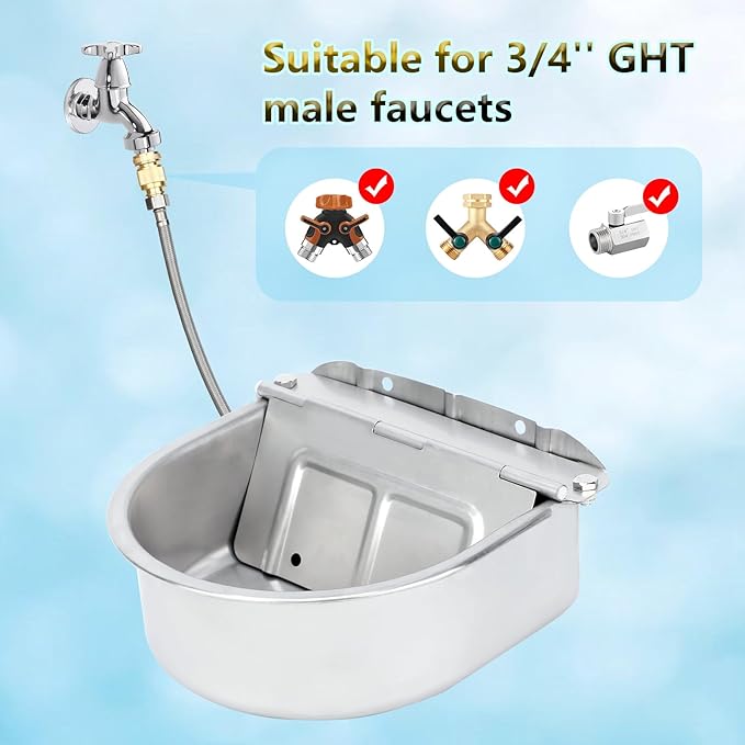 BWOGUE Automatic Water Dispenser for Dogs, 1 Gallon Outdoor Automatic Dog Water Bowl with Float Valve Stainless Steel Dispenser Fit 1/2'' and 3/4'' GHT Faucet for Dog Horse Chicken