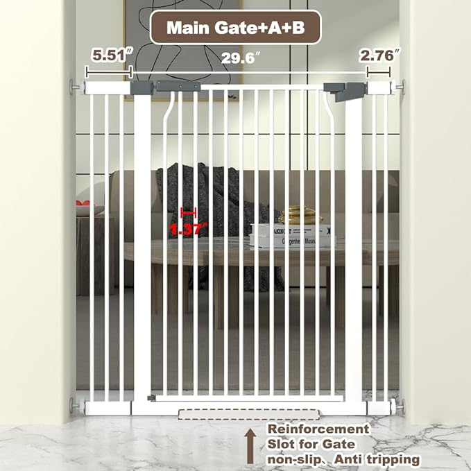 41" Extra Tall Baby Gate for Doorway, 32.6-40.5'' Metal Pet Baby Safe Gate, Extra Wide Pressure Mounted Child Door with Expansion Kit, No Drilling Cat Fence Indoor, No Climb Cat Proof Gate, White
