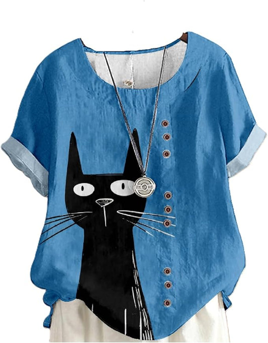 Japanese Print Women Summer Shirts Flower Bird Graphic Plus Size Tunic Tops Crewneck Short Sleeve Blouses