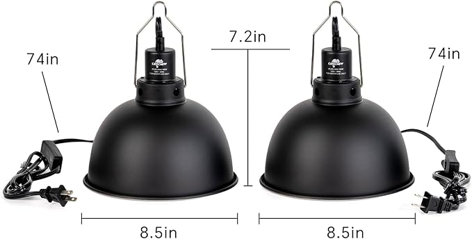 2 Pack Reptile Light Fixture, 8.5in Deep Dome Reptile Lamp Fixture, Optical Reflection Cover, Separate Switch & Hook, Terrarium Light Fixture for Reptile Heat Basking UVB Bulbs, 150W, Black