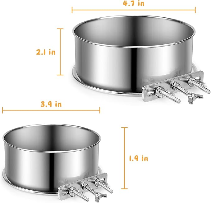 Small Dog Bowls, ShineMe 2 Pack Stainless Steel Pet Bowls Easily Affixes to Crate, Cage or Kennel - Non Spill Food & Water Bowls for Cat, Puppy, Birds, Guinea Pigs, Rabbit (4.7 x 2.1” & 3.9 x 1.9”)