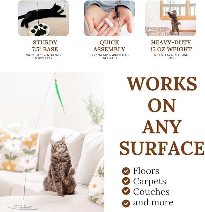 Cat Wand Toy Cat Fishing Pole Toy Cats Feather Toys Suction Cup for Indoor Cats Teaser Wand Feather Attachments Multisurface Base